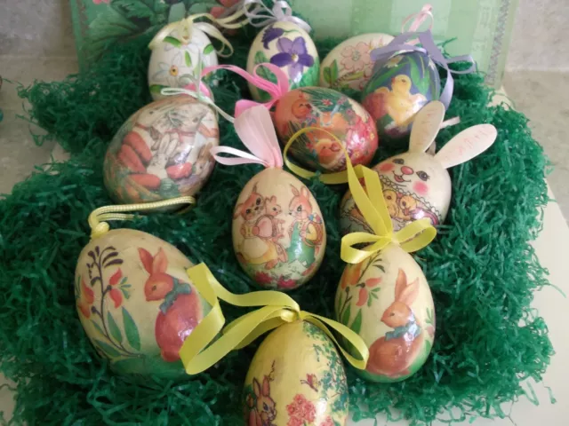 11 Vtg. Paper-Mache glazed Easter Tree Eggs~Real egg size-adorable graphics