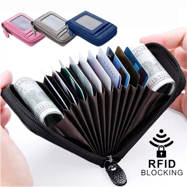 Genuine Leather Unisex Wallet Credit Card Holders RFID Blocking Thin Zip Pocket