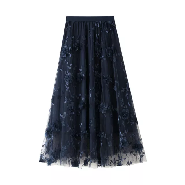 Women Tulle Skirt Pleated Tutu Elastic High Waist Floral Lace Mesh A-line Midi
