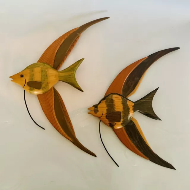 2 Modern Angel Fish Carved Wood Wall Decor Hanging Art 12” Tall Beach Nautical