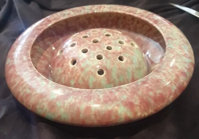 Vintage Pates Australian Pottery Mottled Glaze Float Bowl Vase & Frog. 29Cm Dia.