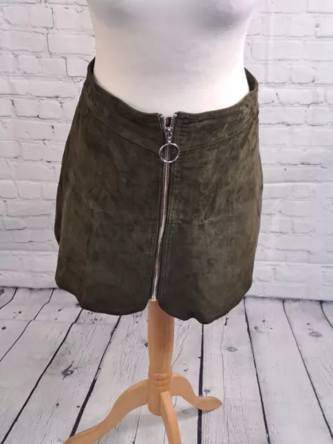 Zara Green Zip Up Genuine Leather Mini Skirt Womens Size Small (CN01)