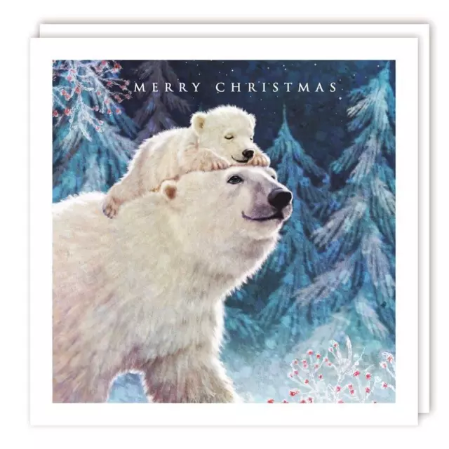 Polar Bear & Sleeping Cub in Starlit Forest - Pack of 5 Charity Christmas Cards