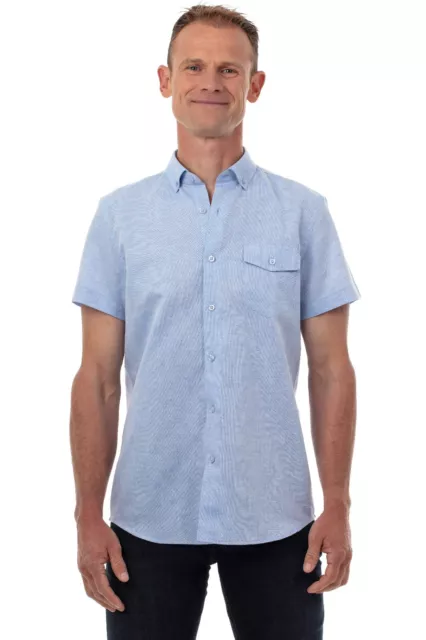 Ugholin Camisa para Hombre Lino y Algodón de Manga Corta Cuello con Botones Azul 2