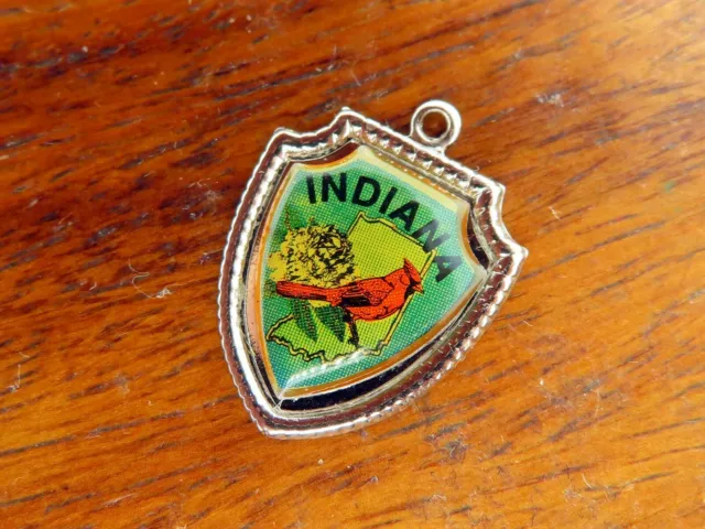 Vintage sterling silver INDIANA STATE MAP CARDINAL FLOWER SHIELD charm 54-25