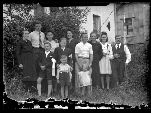 Family Group in the Garden French Flag - Antique 1940 Glass Photo Negative