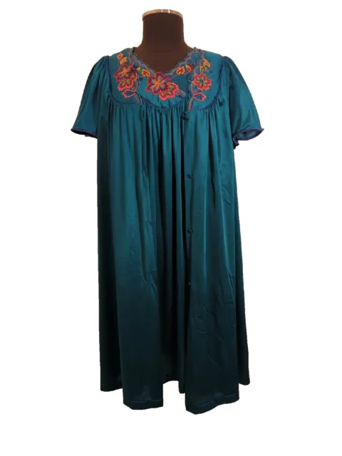 Vintage VANITY FAIR Turquoise Floral Appliqué Nightgown Lounge Robe Set Medium M
