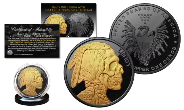 INDIAN HEAD SKULL 1 oz Copper Medallion BLACK RUTHENIUM w/ 24K Gold Gilded SKULL