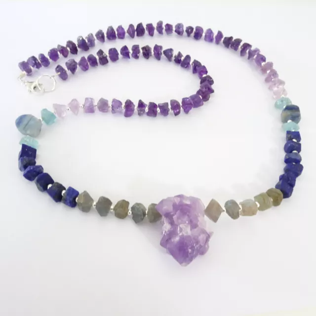 Third Eye Chakra Raw Crystal Beaded Necklace, Natural Gemstone Jewelry, Amethyst