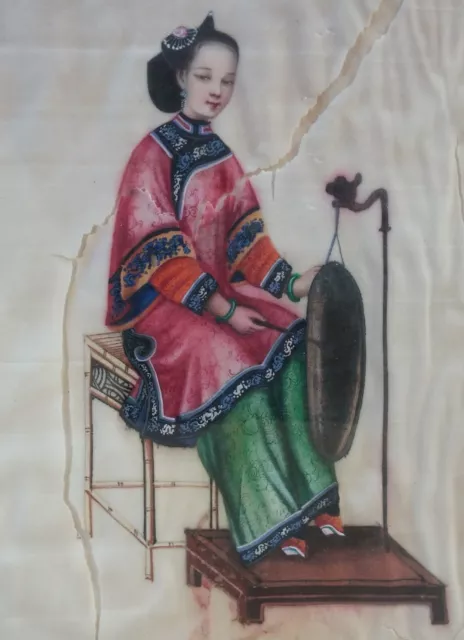 Excellent Antique 19 c. Chinese Pith Painting - Lady in Ornate Robe with Gong –