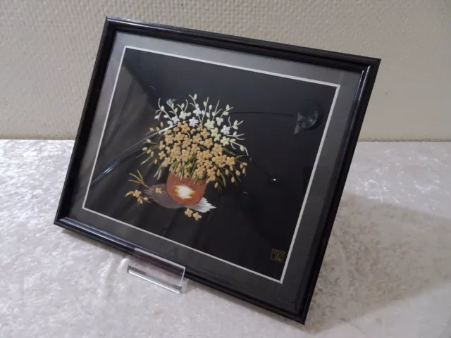 Embroidery Picture with Wood Frame Behind Glas - Flowers IN Vase - 30,5 CM X 26