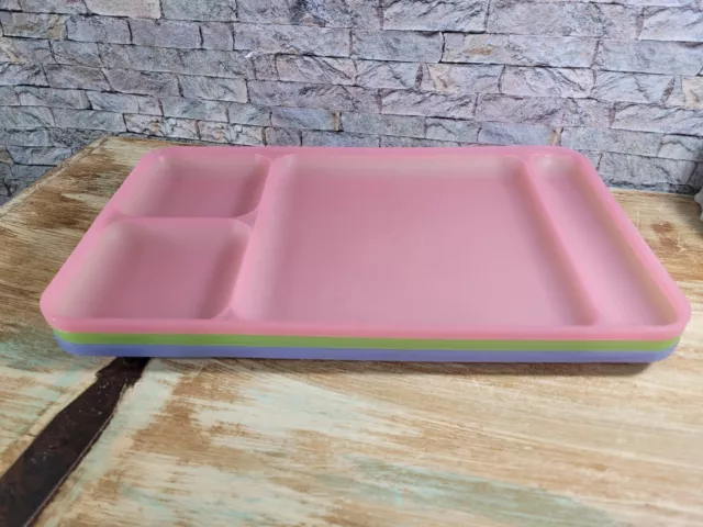 3 Vintage Tupperware Lunch Cafeteria Divided Tray Pastel Pink Blue Green 15"