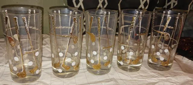 5 Rare Georges Briard 22K Gold Golf Clubs Set Glasses Bar Ware Man cave