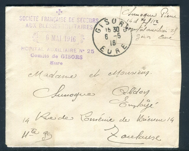 Cachet de l'Hôpital Auxiliaire n°25 de Gisors sur enveloppe ( retaillée) en 1916