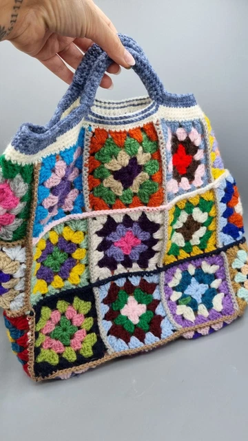 Borsa Vintage Retro all'uncinetto Grande Fatta a Mano Hippie Cucita Maglia Nonna
