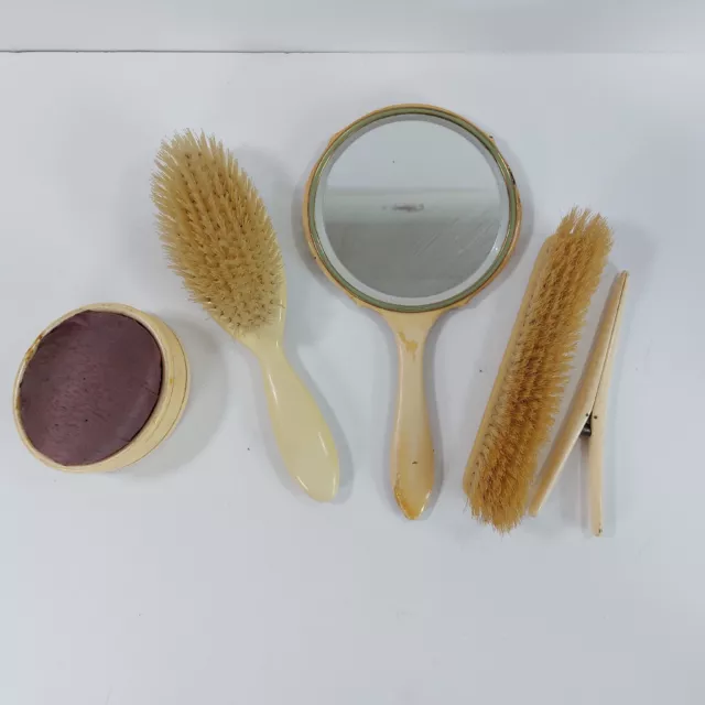 Celluloid Hair Brush Mirror Clip & Powder Pot Dressing Table Set Vintage Cream
