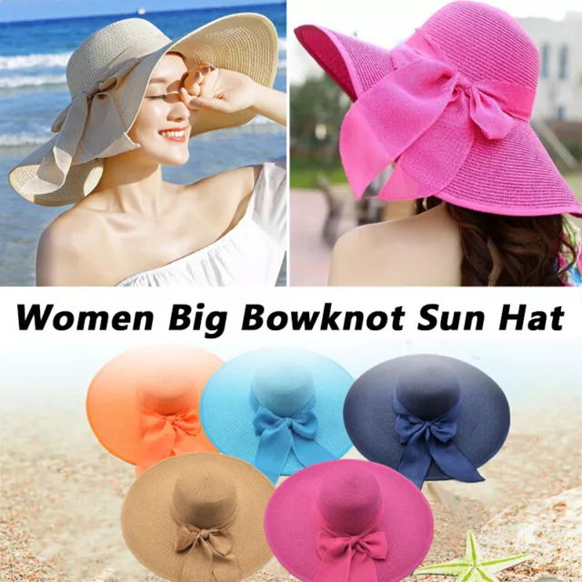 Women Big Bowknot Floppy Sun Hat Foldable Soft Straw Wide Brim Summer Beach Cap