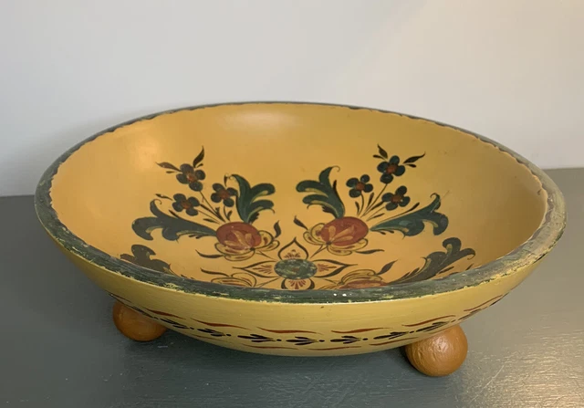 Vintage Munsing Robinhood Ware Turned Hand Painted Wood Bowl 3 footed MCM Boho