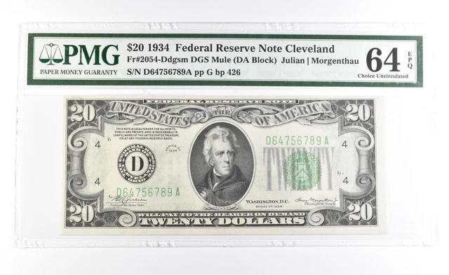 PMG64 Choice Unc EPQ 1934 $20 Cleveland OH US FRN Green Seal Fr#2054-Ddgsm *0943