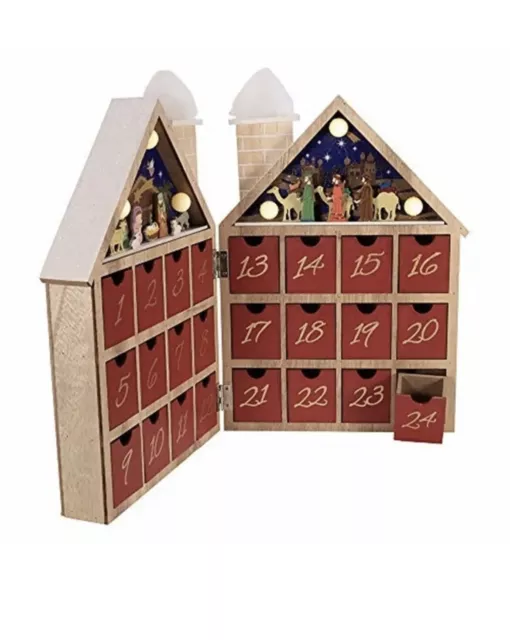 NEW! Kurt S. Adler Nativity Advent Wooden Calendar LED Battery Operated