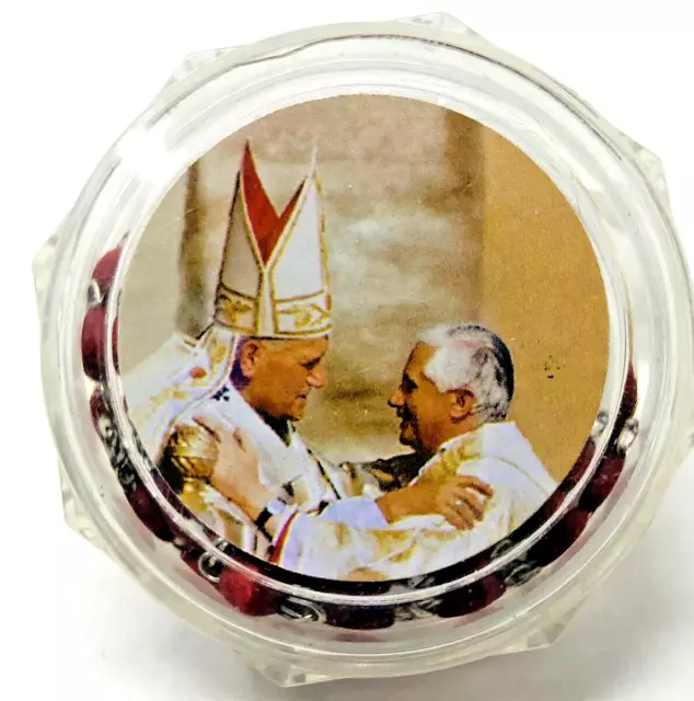 Vintage Rose Petal Rosary in Box w. Picture of St. John Paul II & Pope Benedict