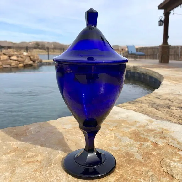 Vtg Cobalt Blue Blown Glass Lidded Urn Finial Topped Goblet Trinket Cache