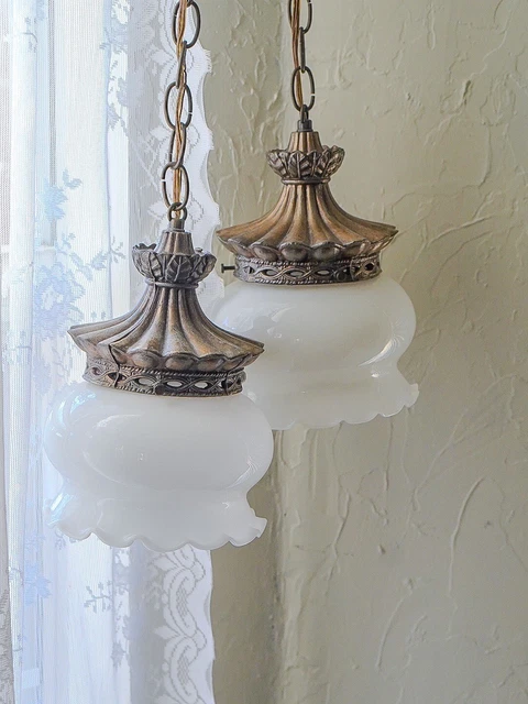 Vintage Mid Century Ruffle Edge Milk Double Hanging Swag Light Unique Thrift