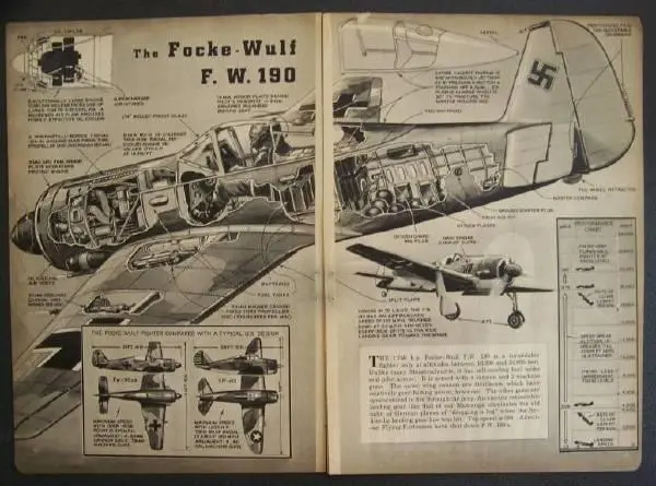 1943 WWII German Nazi Focke-Wulf 190 Fighter vintage cutaway pictorial