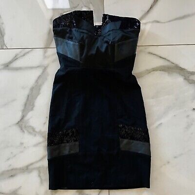 Alice & Olivia Black Strapless Mini Dress w/ Sequin and Leather Trim XS