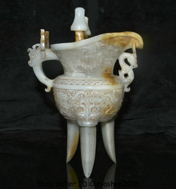 8" Natural Hetian White Jade nephrite Carving Beast Handle goblet standing cup