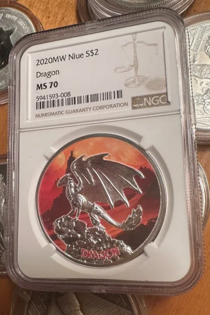 2020 MW Niue Colorized Silver Dragon 2 Dollars - NGC MS 70