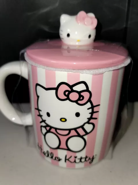 New 2022 Sanrio Hello Kitty Ceramic Coffee Mug Pink Stripe with LID
