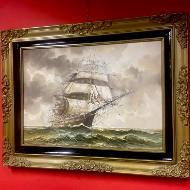 quadro dipinto a olio su tela marina veliero con cornice oro in stile antico 900 3