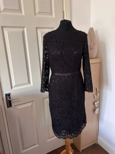 Jaeger 12 Dress Lace Bodycon Midi Black Evening Party Occasion Cocktail Holiday