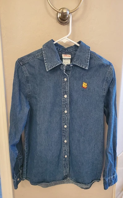 Womens MEDIUM Winnie Pooh Disney Denim Shirt ~ Jean Jacket Style  ~ Embroidery