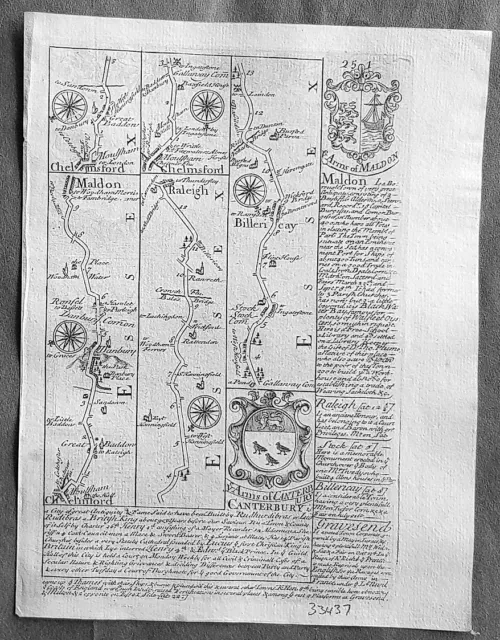 1720 Emmanuel Bowen Antique British Road Map - Chelmsford to Graves End to Dover