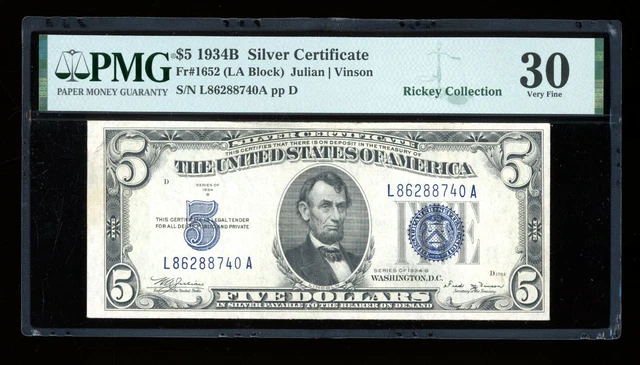 DBR 1934-B $5 Silver Fr. 1652 Vinson LA Block PMG 30 Serial L86288740A