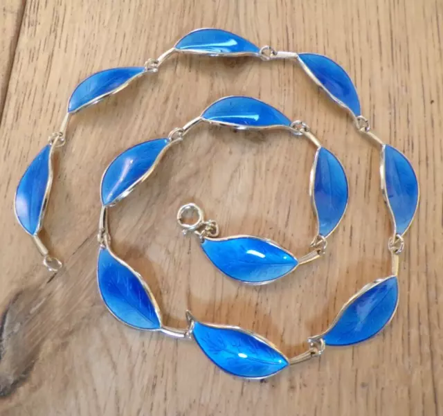 David Andersen Norway Sterling Silver Blue Enamel Leaf Necklace anderson