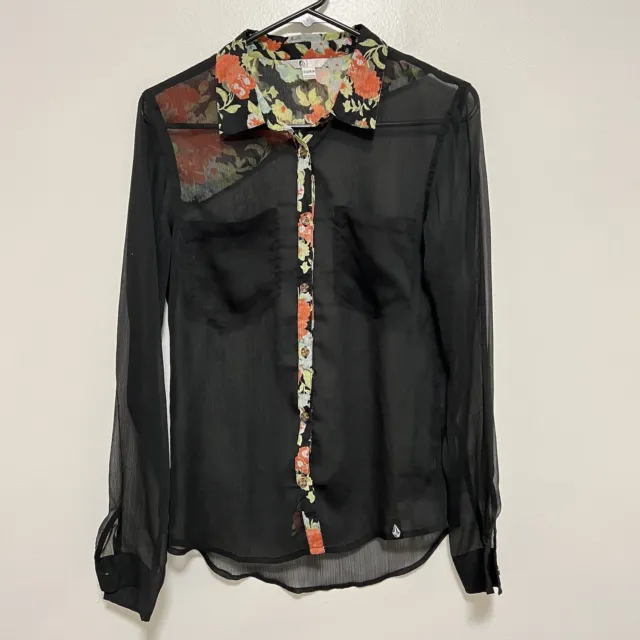 Volcom Women's Black Sheer Floral Button Up Long Sleeve Shirt Cover Up Size XS