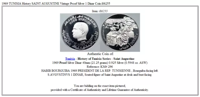 1969 TUNISIA History SAINT AUGUSTINE Vintage Proof Silver 1 Dinar Coin i86255 3