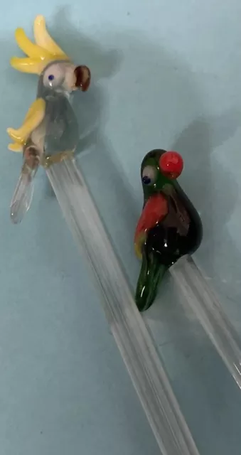 Vtg Art Glass Bird  Swizzle Sticks Drink Stirrers Assorted Set of 2 MCM bar ware