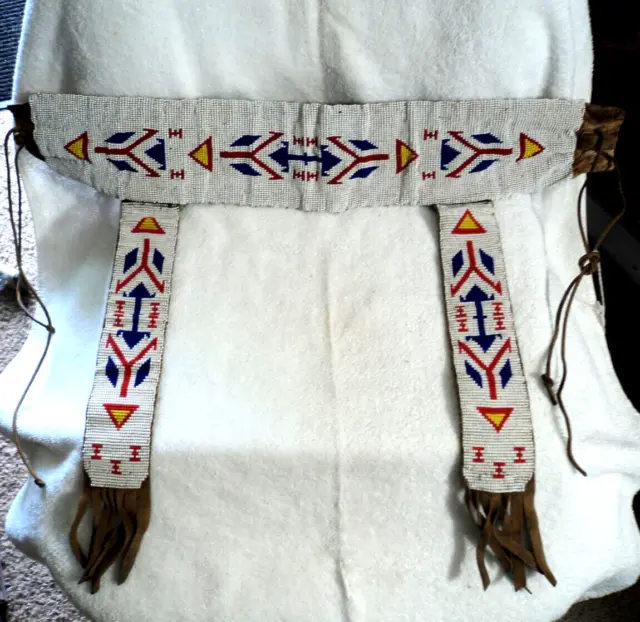 1940's Sioux Plains Indian Loom Beaded Ceremonial Dance Head Band w Face Drops