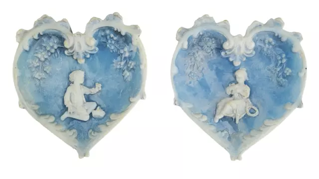 Pair Incolay Wall Hanging Plaque Victorian Carved Stone Heart Shape Boy Girl M6