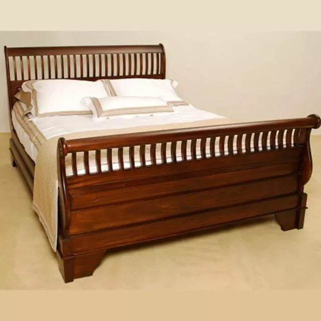 Solid Mahogany Wood Sleigh King Bed with slats Bedroom Furniture