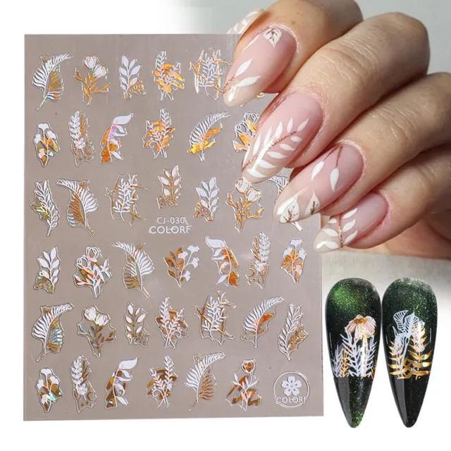 Holographic Gold White Gradient Flowers Nail Stickers 3D Decal Slider Manicure