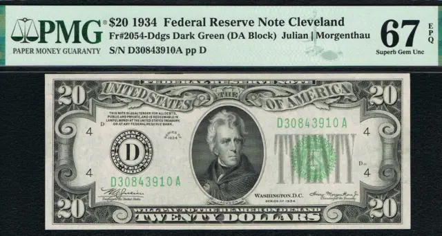 $20 1934 Cleveland FRN.  Dark Green Seal. Fr. 2054-Ddgs. PMG 67 EPQ.