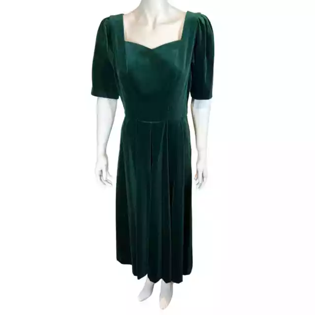 Vintage Laura Ashley Hunter Green Velvet Sweetheart Neck Midi Dress 8