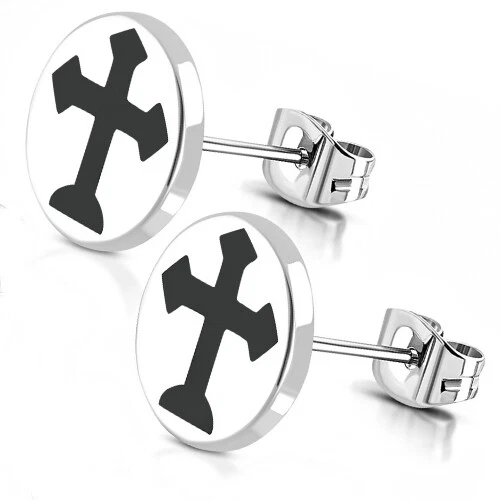 Boucles D'oreilles Homme/ado - Acier Inox - Croix Noire Médiévale - TTE949