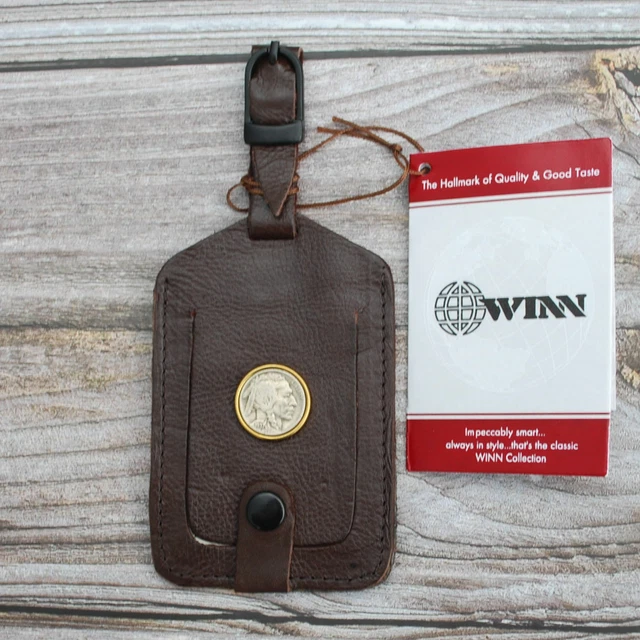 US 1937 Indian Head Coin Cowhide Napa Brown Leather Security I.D. Luggage Tag