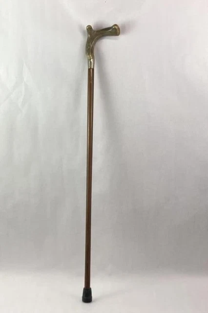 Vintage Antler Handle Wood Walking Cane Stick 37 Inch Smooth Rubber Tip